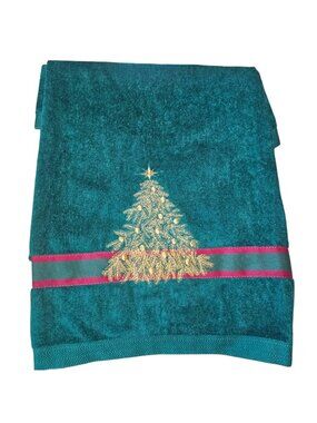 VTG Green Christmas Tree Bath Towel Gold Embroidery Saturday Knight Ltd. New